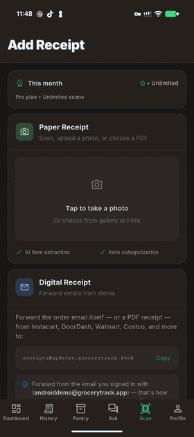 GroceryTrack on Android: scanning a receipt, the review sheet, and where the trip went by category