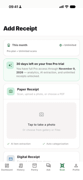 GroceryTrack on iPhone: scanning a receipt, the review sheet, where the trip went, and the dashboard