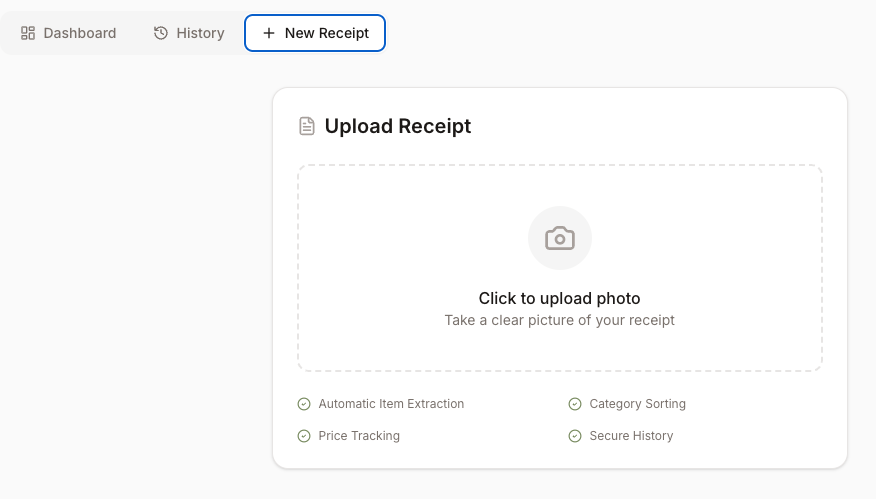 Upload receipt interface showing drag-and-drop upload with automatic item extraction