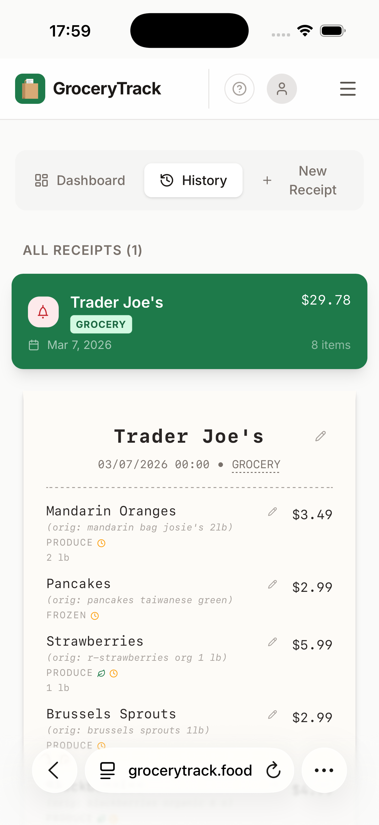 Mobile receipt history showing itemized Trader Joe's receipt with produce and frozen items