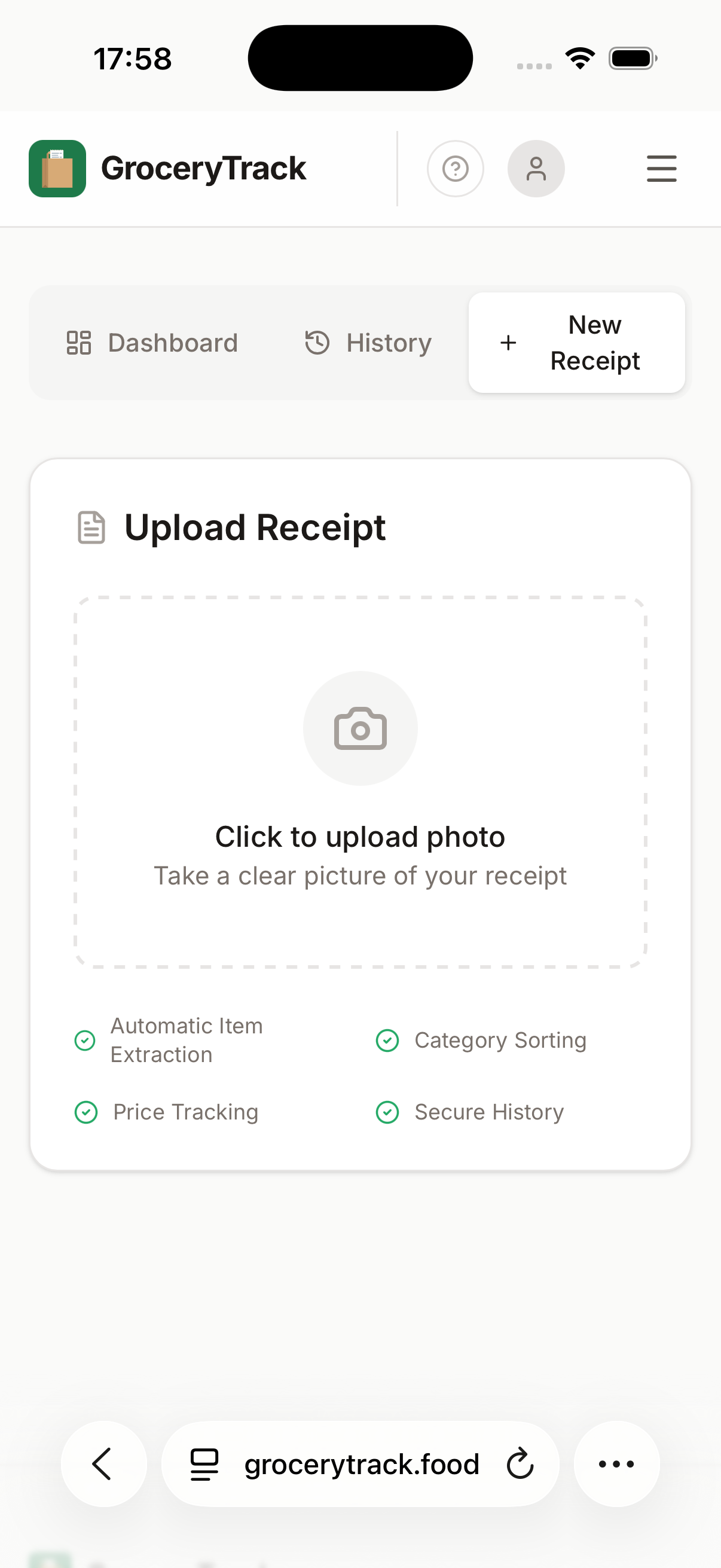 Mobile upload receipt screen showing camera upload interface